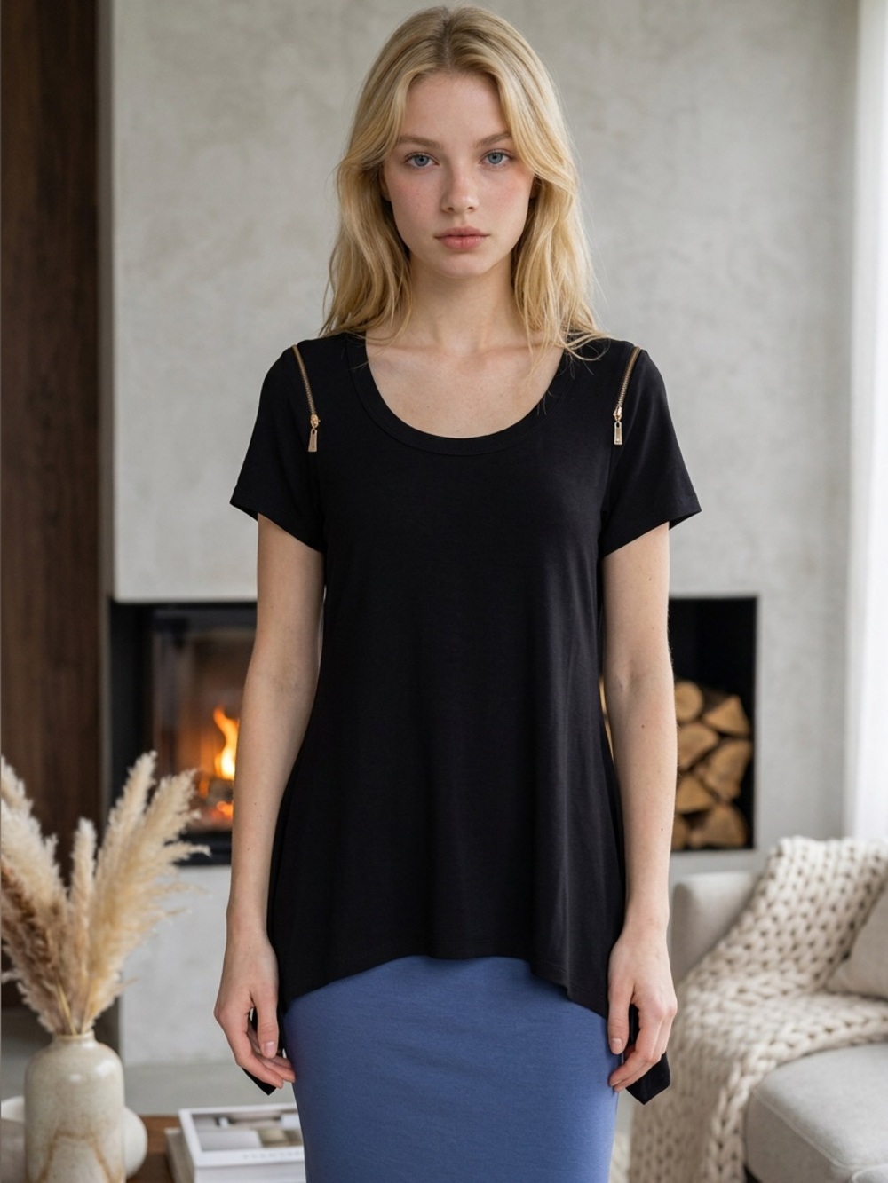 Chaus Black Short-Sleeve Tunic with Gold Shoulder Zips